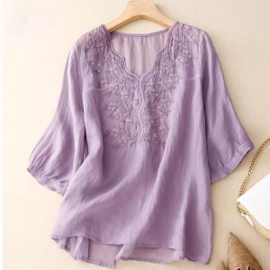 Womens Elegant Beige Floral Embroidered Tunic Top with Scalloped V Neck