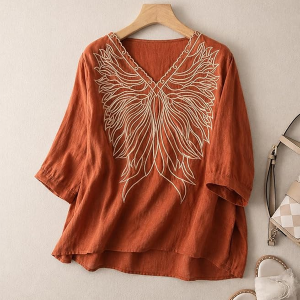 Maroon V Neck Embroidered Top for Women