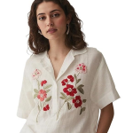 Women Cream Cotton Embroidered Tops