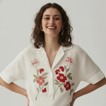 Women Cream Cotton Embroidered Tops