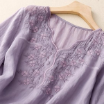 Womens Elegant Beige Floral Embroidered Tunic Top with Scalloped V Neck