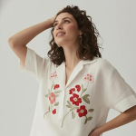 Women Cream Cotton Embroidered Tops
